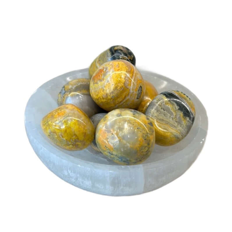 Bumble Bee Jasper tumbled stones in a dish, enhancing energy, creativity, and self-expression for a positive outlook and motivation.