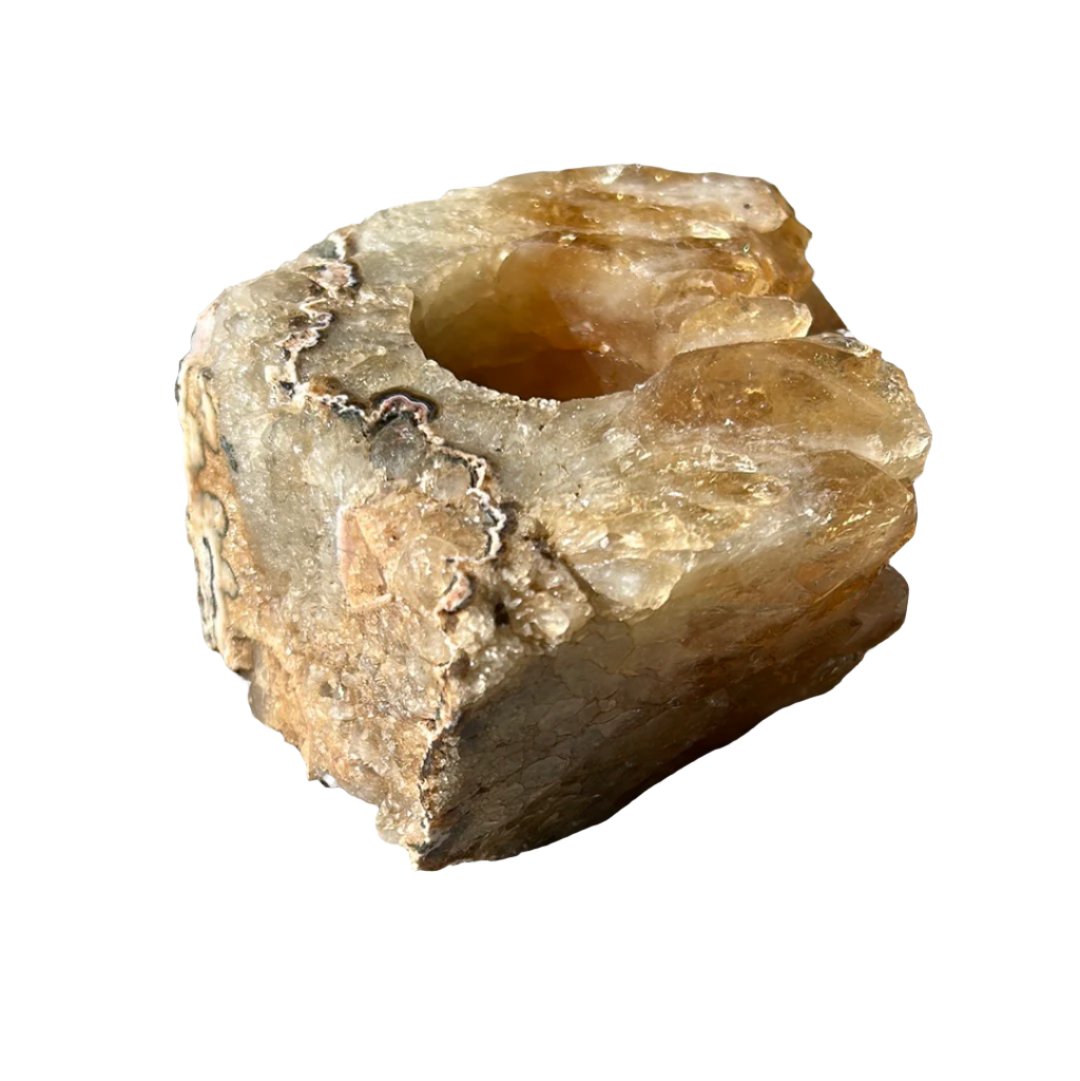 Citrine druze tealight candle holder, energizing crystal decor for wealth and intuition enhancement.