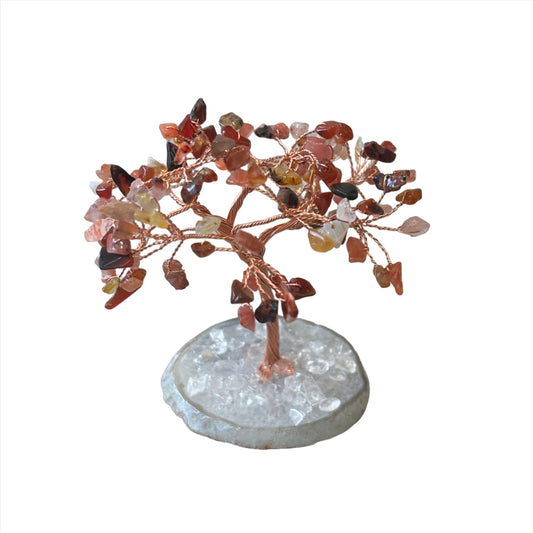 Carnelian Natural Gemstone Tree of Life on Agate Base, promotes vitality, creativity, and healing, dispels apathy and boosts positivity.