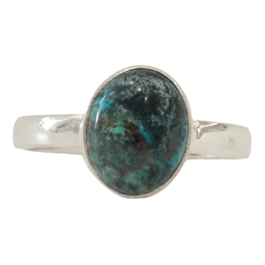 Chrysocolla sterling silver ring size 8 with a captivating blue stone promoting harmony and amplifying love.