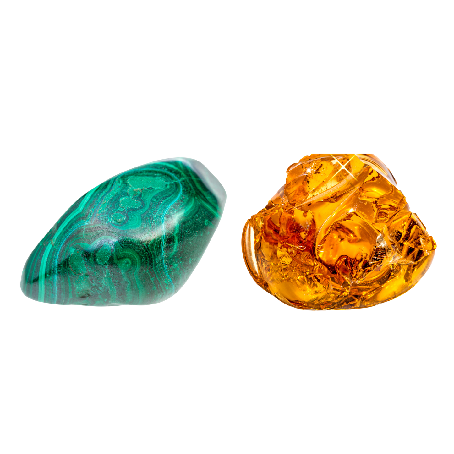 Green malachite and orange amber healing stones for pain relief