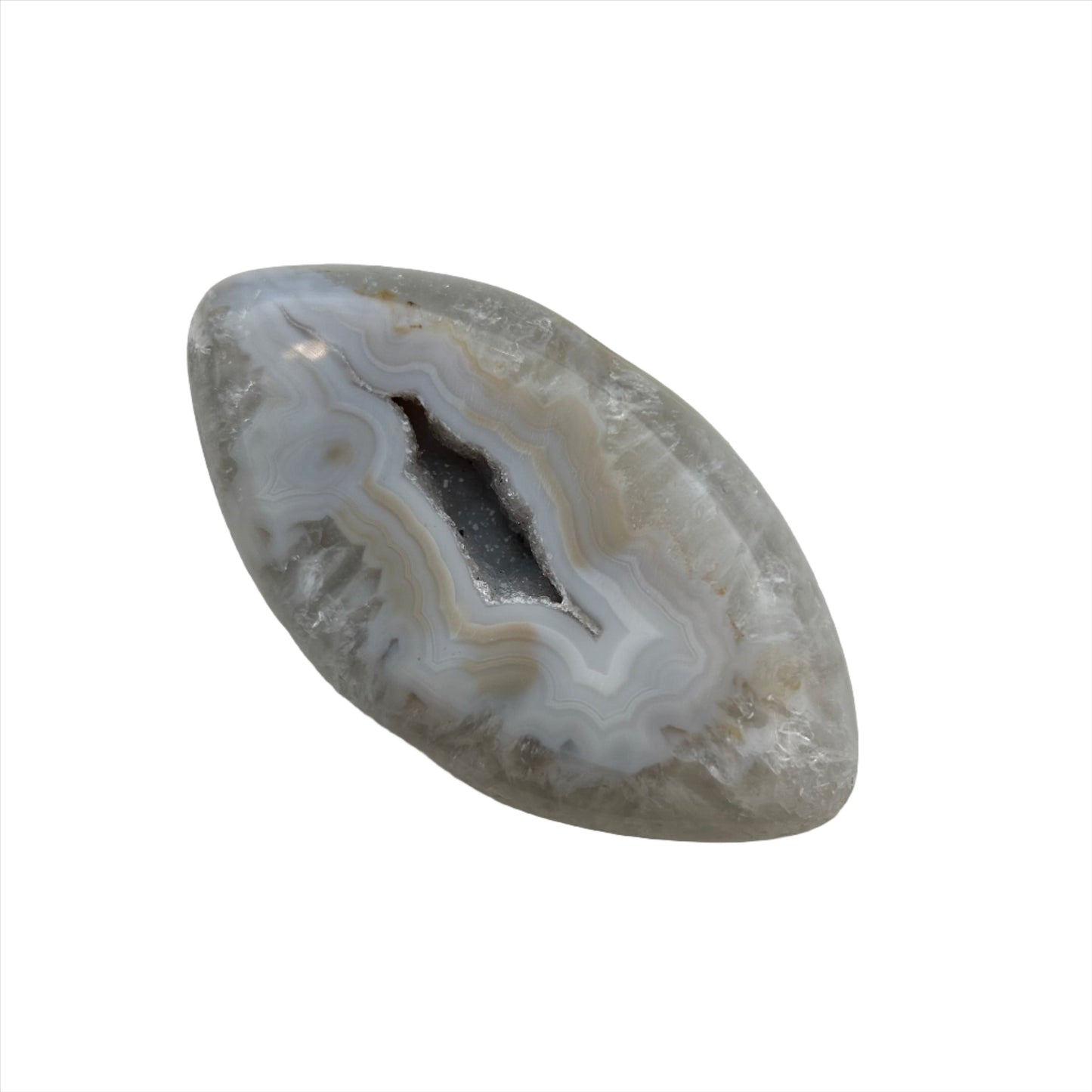 Agate eye-shaped slice for body, mind, spirit harmony, aura cleansing, and healing properties for eyes, stomach, uterus, skin.