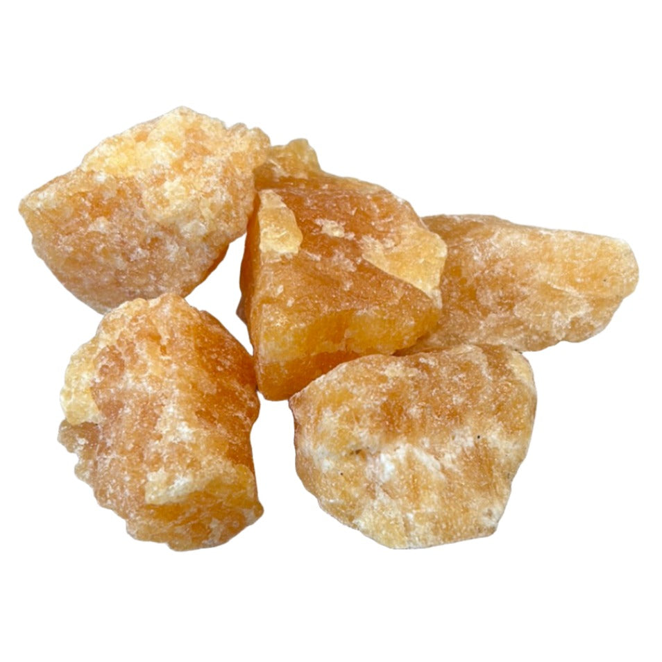 Rough orange calcite stones, promoting healing and balance, ideal for energy amplification and calming vibes.