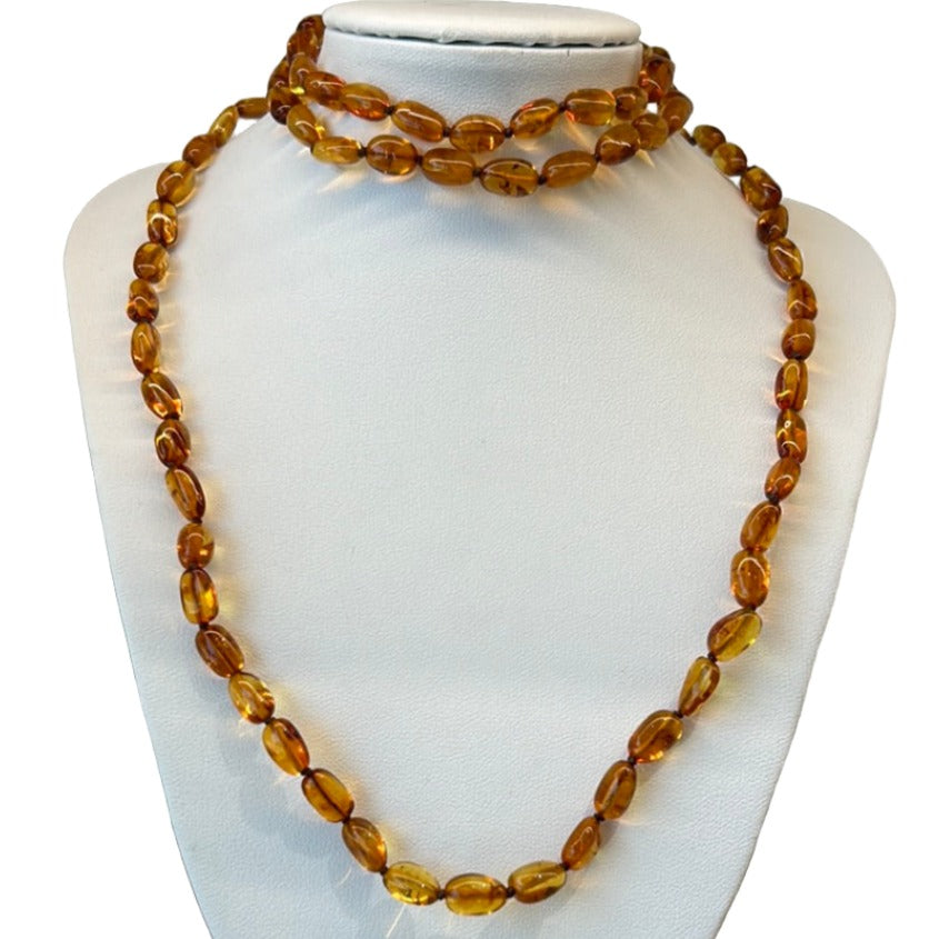 Amber Cognac Beads Long Necklace Adult Size