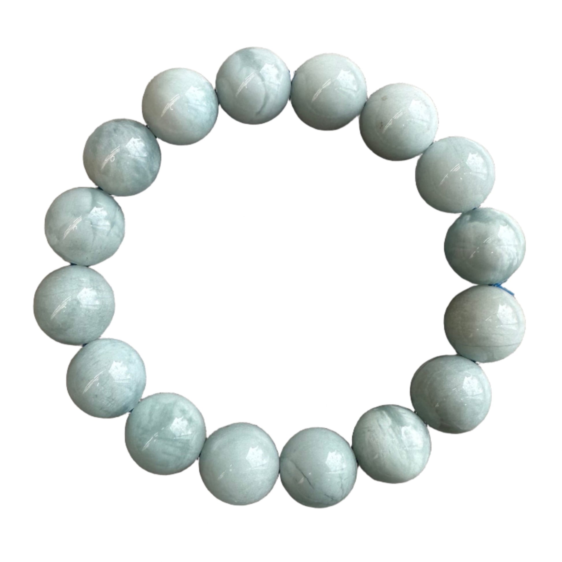 Aquamarine bracelet with 11-12mm beads promoting calmness and courage, perfect for reducing stress and enhancing perception.