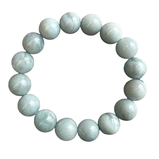 Aquamarine bracelet with 13-14MM beads, known for promoting calmness and courage, featuring soothing pale blue gemstones.
