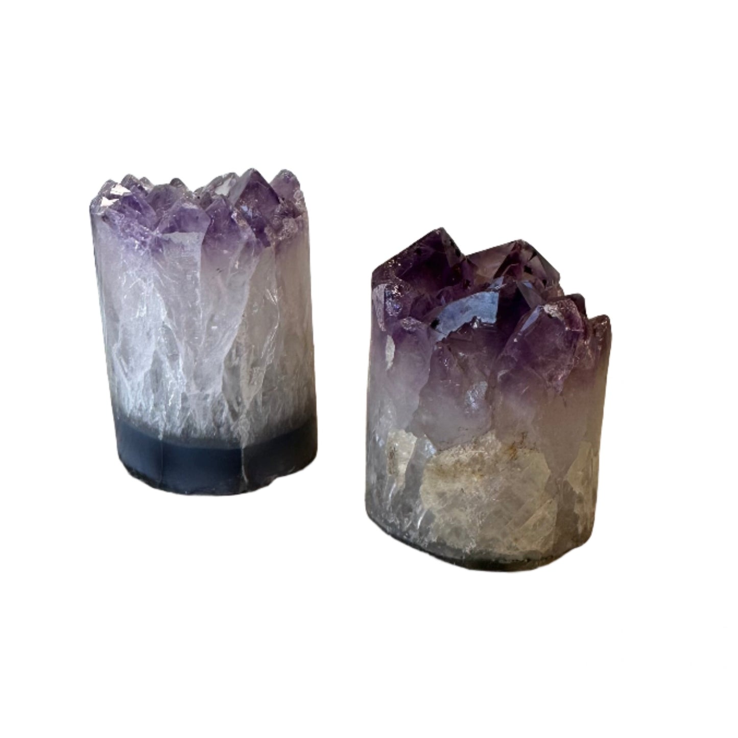 Two amethyst cylinder crystals 2-2.5" for stress relief, mood stabilization, and immune support on a white background.