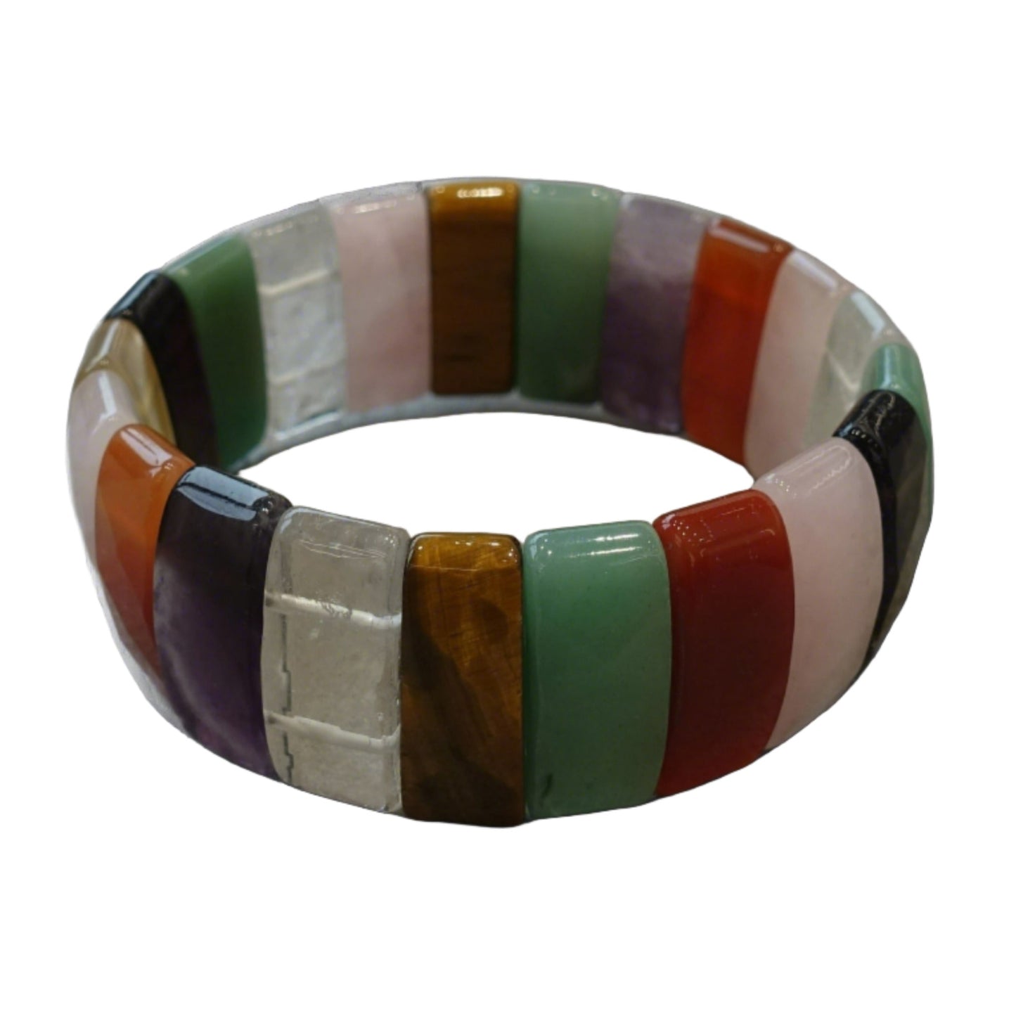 Multi gemstone stretch bracelet with rectangular faceted stones of various colors.