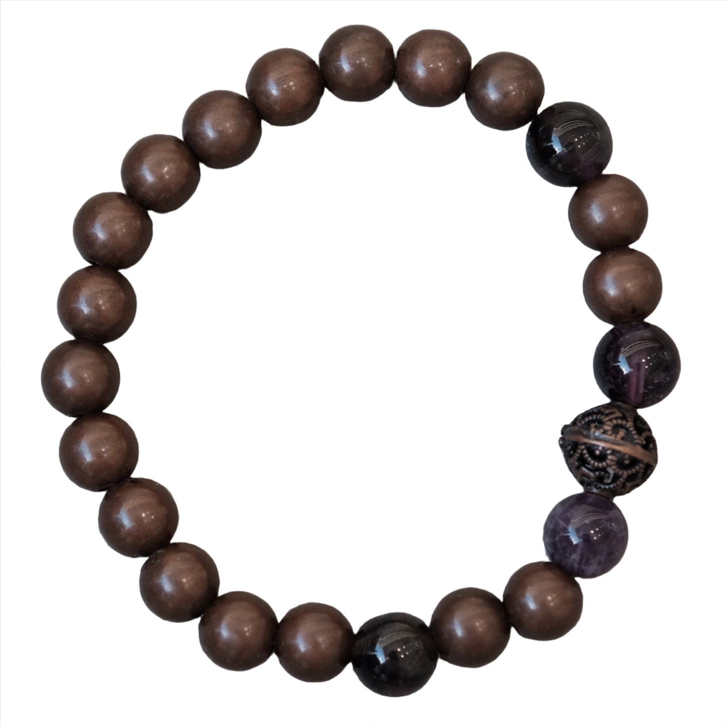 Copper bracelet with dark beads, believed to enhance energy and promote optimism, featuring a decorative accent bead.