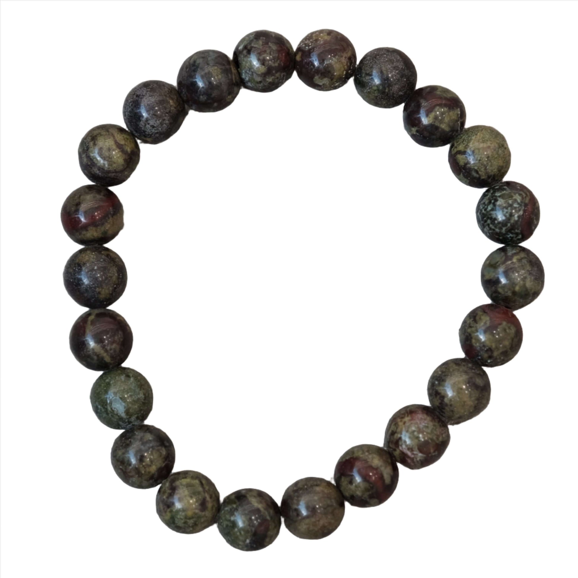 Dragon Blood Jasper Bracelet 8MM with round green and red gemstone beads for balance, bravery, and personal growth.