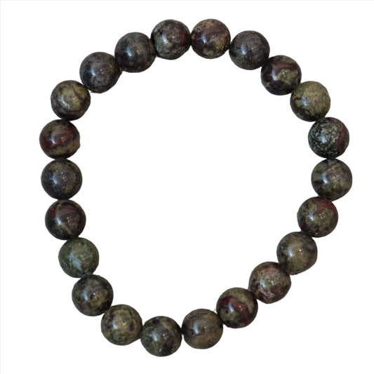 Dragon Blood Jasper Bracelet 8MM with round green and red gemstone beads for balance, bravery, and personal growth.