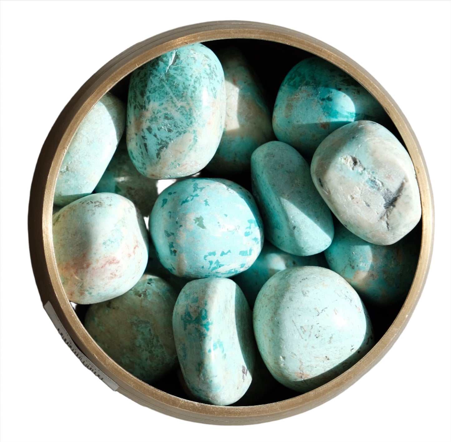Tumbled turquoise stones known for purification and energy balancing, promoting emotional stability and preventing panic attacks.