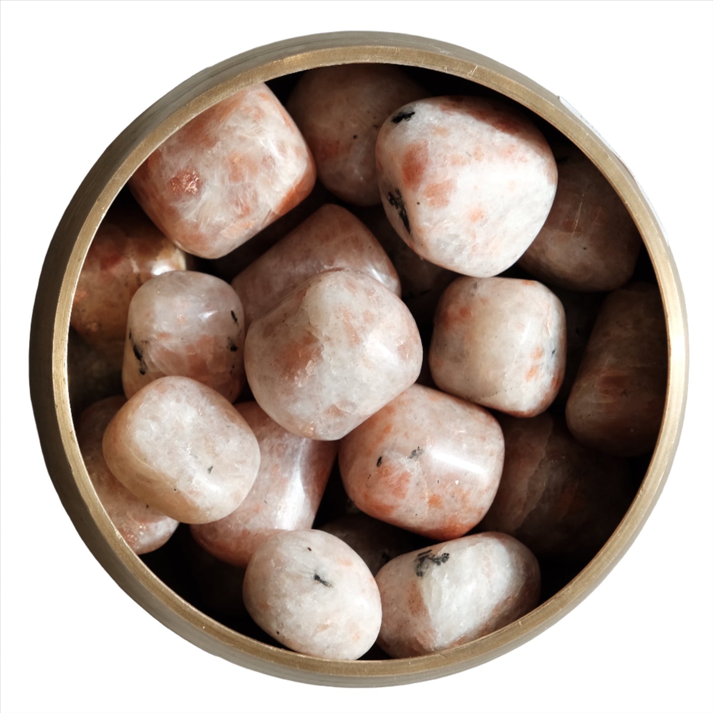 Sunstone tumbled stones 20-30MM in a round bowl, said to bring good fortune, energize, and clear negative energy.
