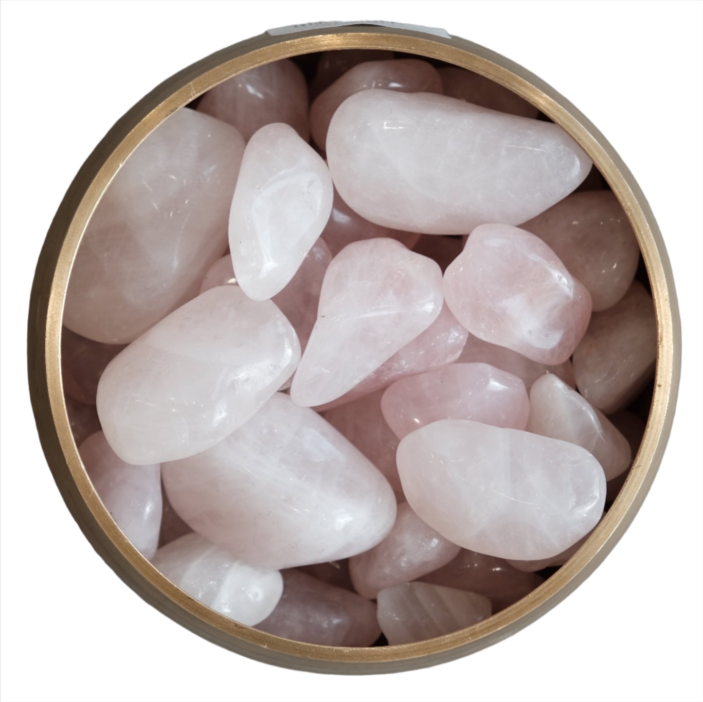 Rose Quartz Tumbled Stones 20-30MM for self-love, confidence, heart healing, and circulatory health displayed in a circular container.