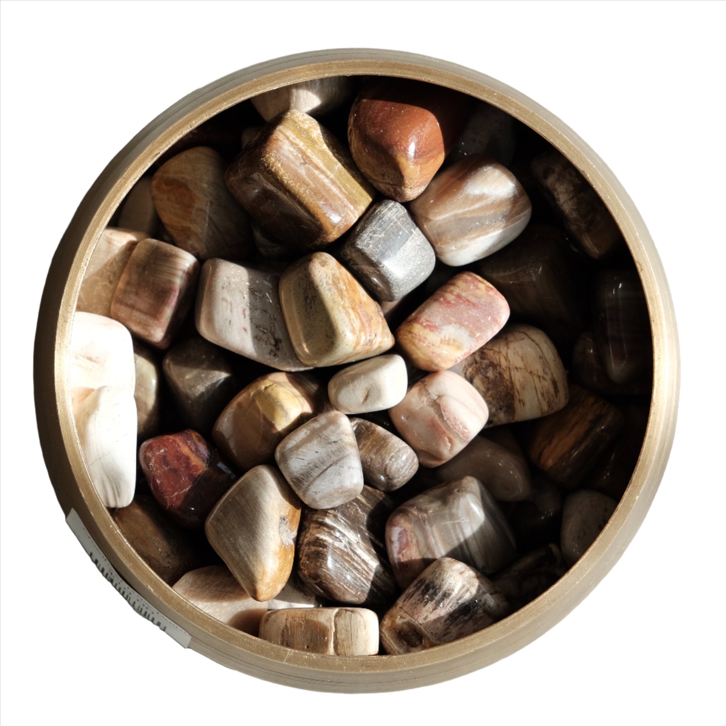 Petrified Wood Tumbled Stones 20-30MM for transformation and comfort in a wooden bowl.