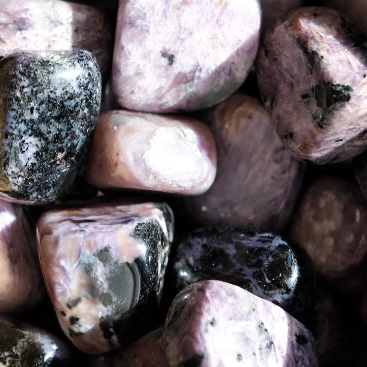 Charoite tumbled stones for aura cleansing and healing transformation, enhancing love and reducing stress naturally.