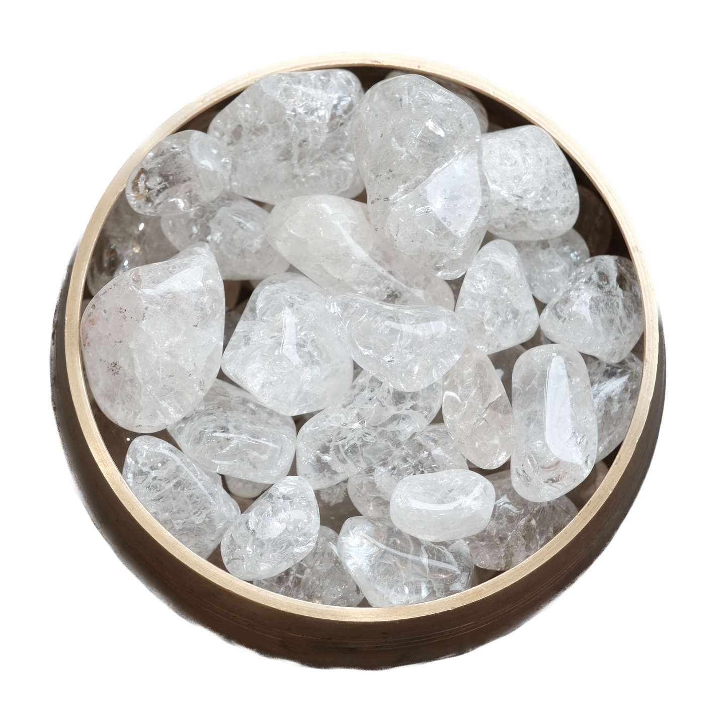 Cracked clear quartz tumbled stones in a wooden bowl, enhancing energy, focus, and balance.