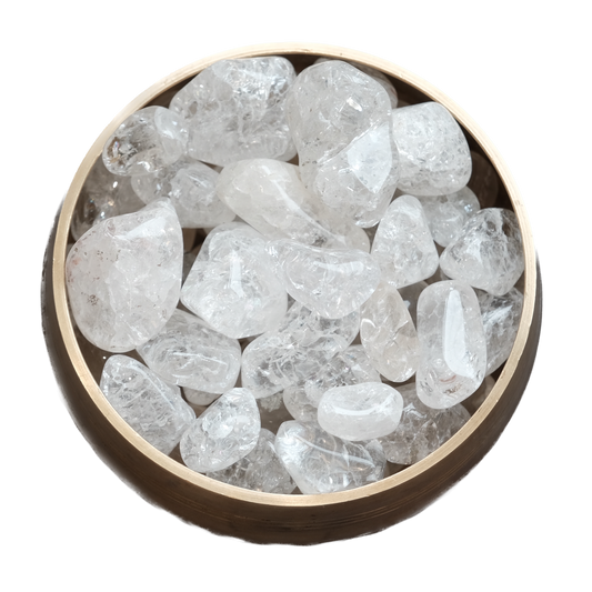 Cracked clear quartz tumbled stones in a wooden bowl, enhancing energy, focus, and balance.
