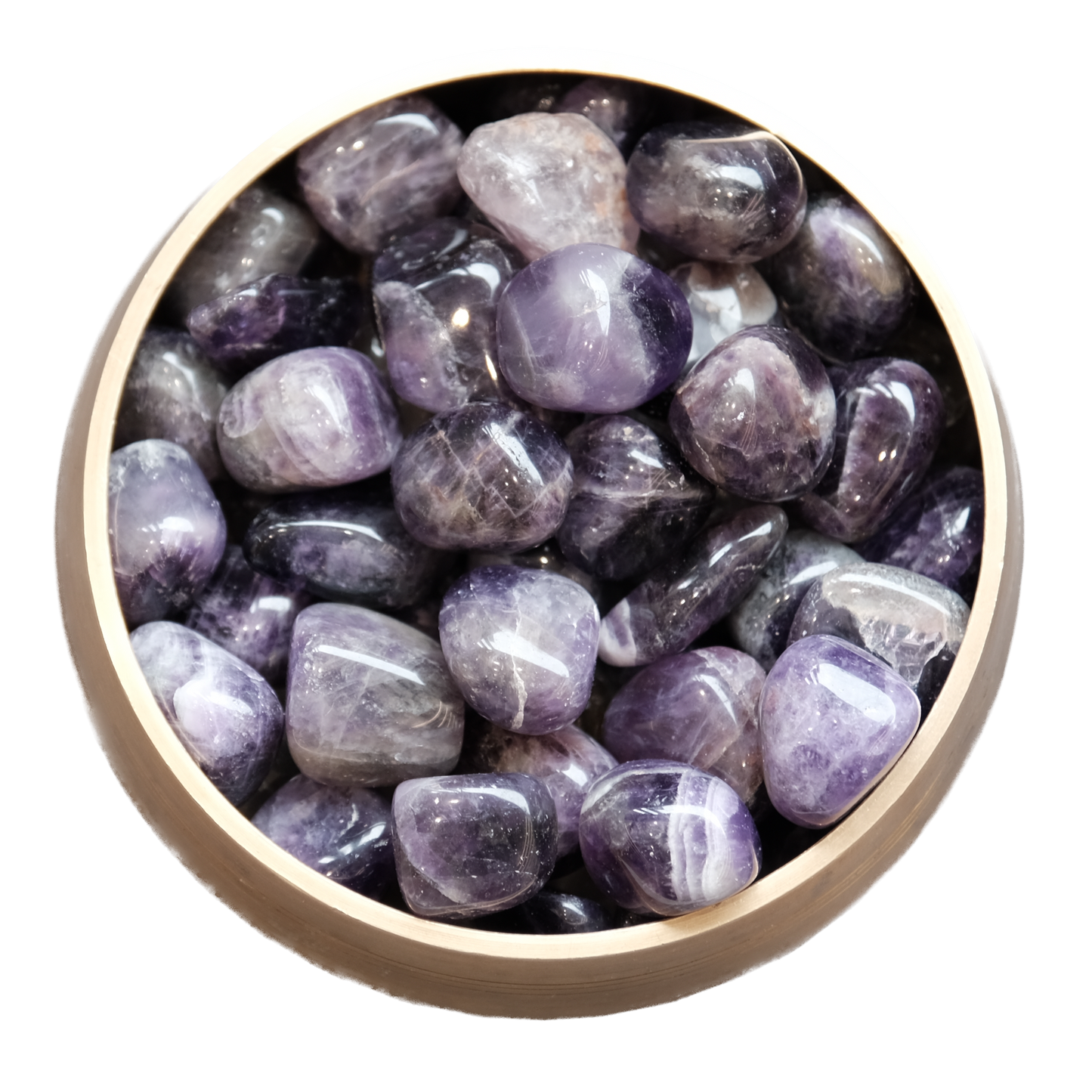 Assortment of polished amethyst tumbled stones in a wooden bowl, varying shades of purple for spiritual awareness and stress relief.