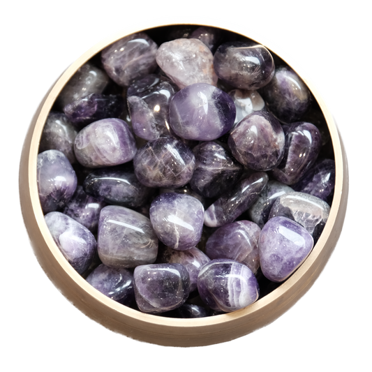 Assortment of polished amethyst tumbled stones in a wooden bowl, varying shades of purple for spiritual awareness and stress relief.