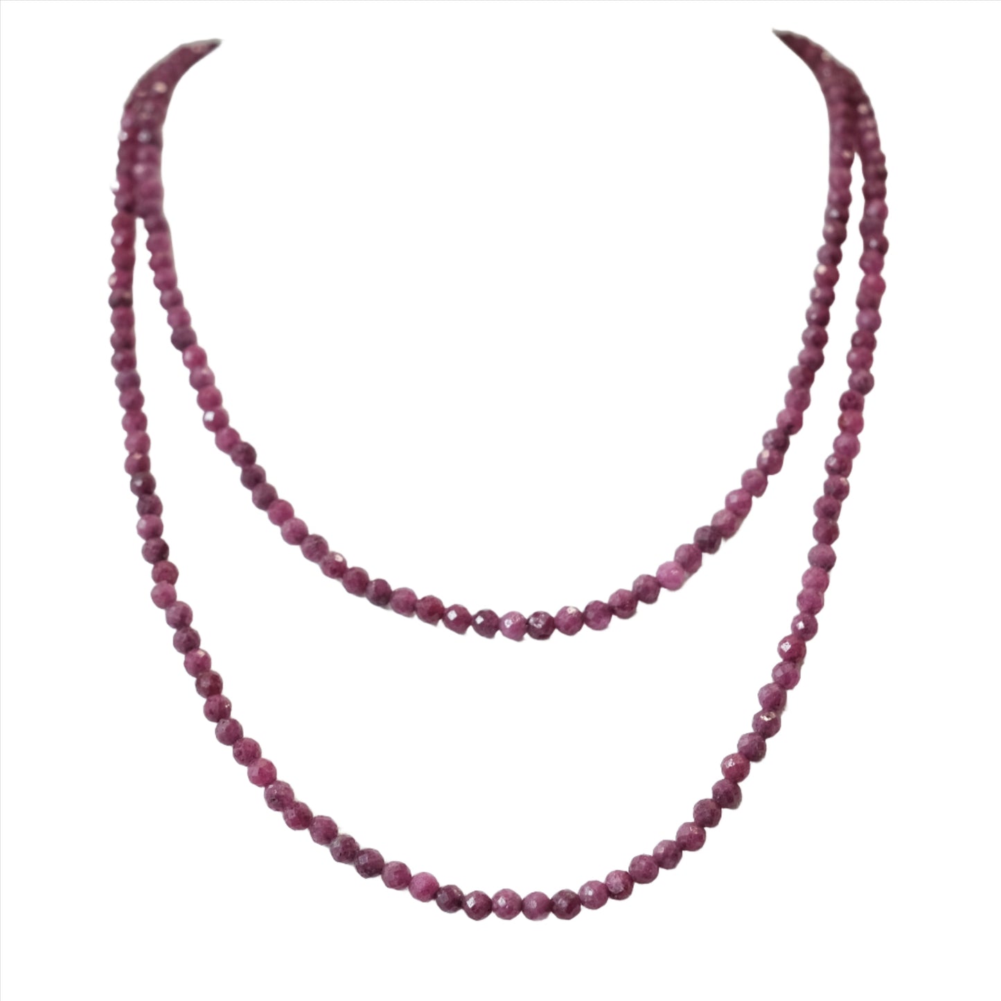Ruby faceted 31" necklace and multi-wrap bracelet, 3MM beads, enhancing passion and confidence with spiritual benefits.