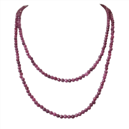 Ruby faceted 31" necklace and multi-wrap bracelet, 3MM beads, enhancing passion and confidence with spiritual benefits.
