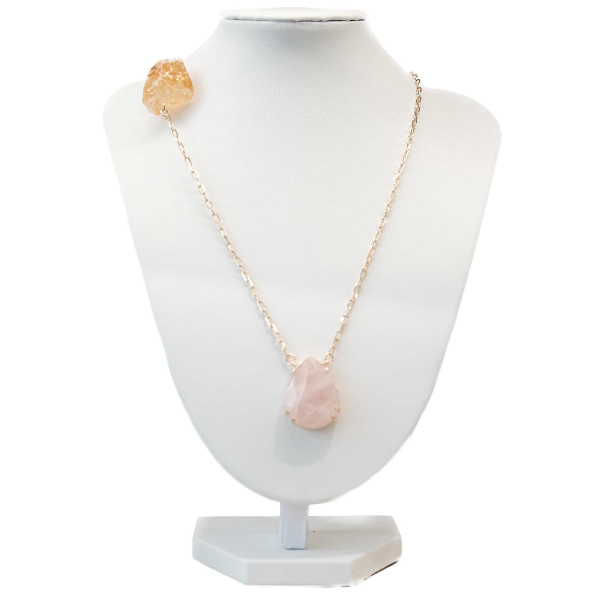 Rose Quartz and Citrine drop necklace showcasing elegant stones on a gold chain, perfect for any occasion.