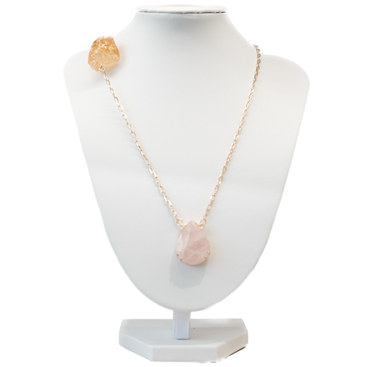 Rose Quartz and Citrine drop necklace showcasing elegant stones on a gold chain, perfect for any occasion.