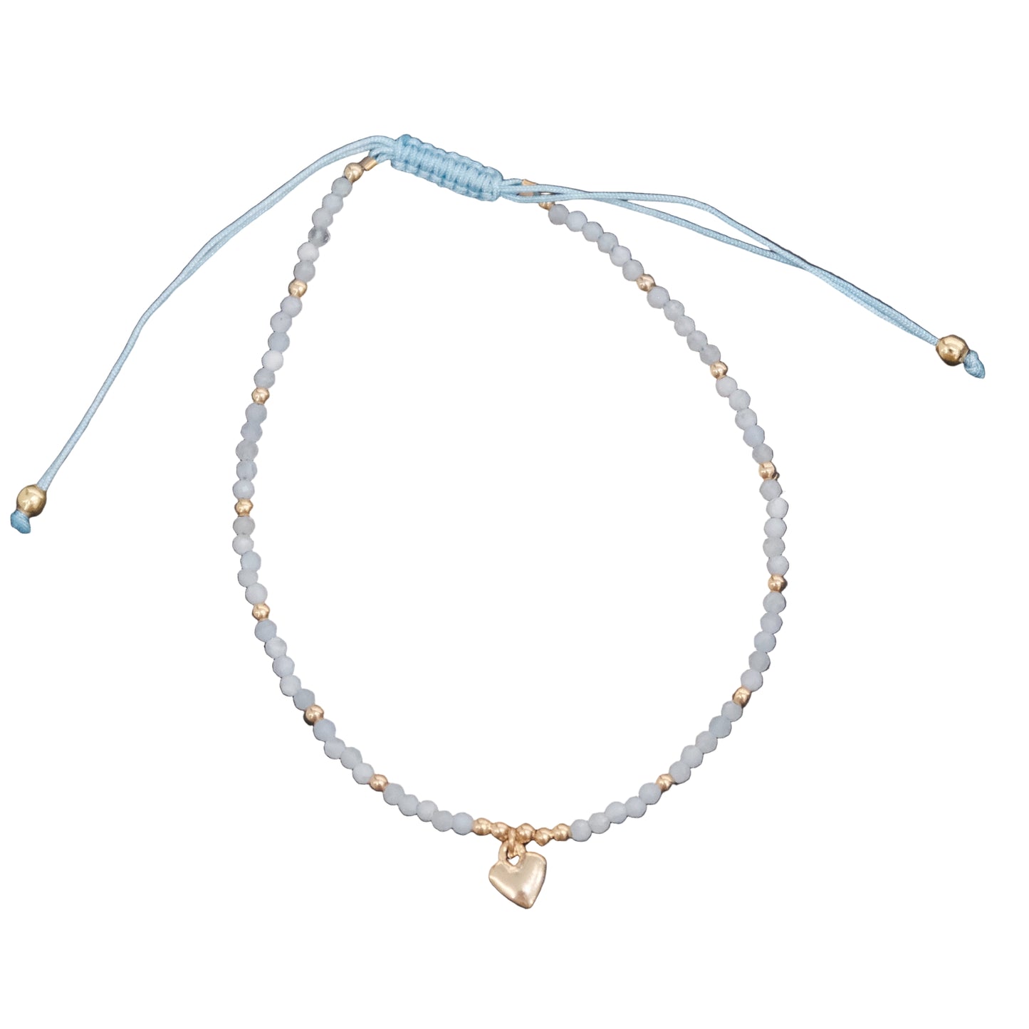 Aquamarine Faceted Beads with Heart Charm Drawstring Adjustable Bracelet