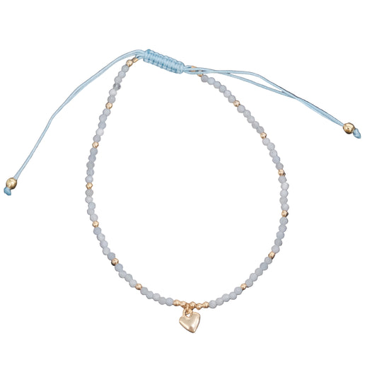 Aquamarine Faceted Beads with Heart Charm Drawstring Adjustable Bracelet