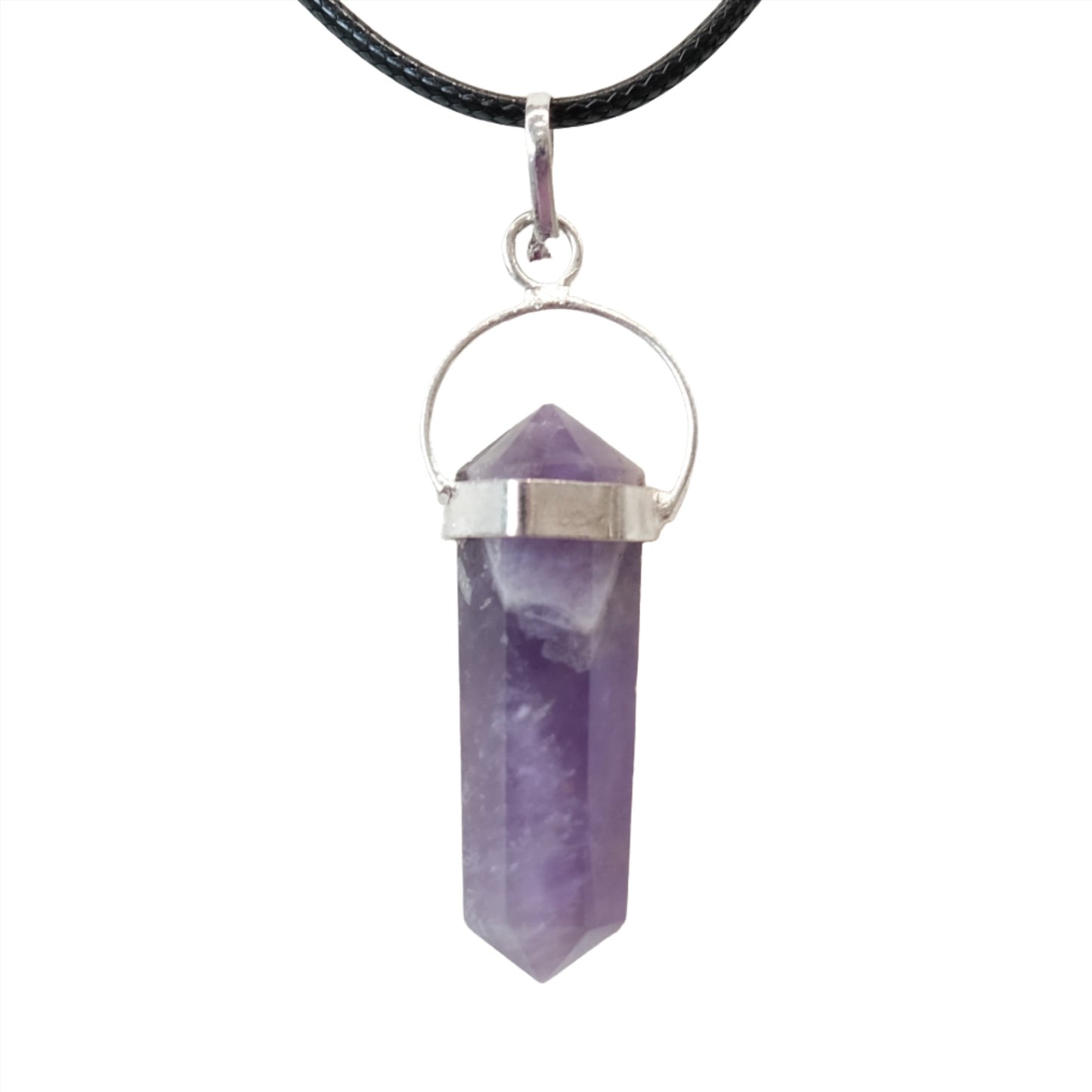 Amethyst double terminated pendant necklace for stress relief and heightened consciousness.