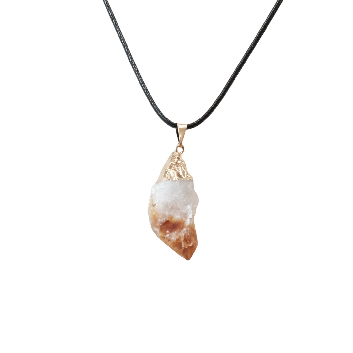 Citrine point pendant necklace on a black cord, promoting wealth, success, and self-confidence.