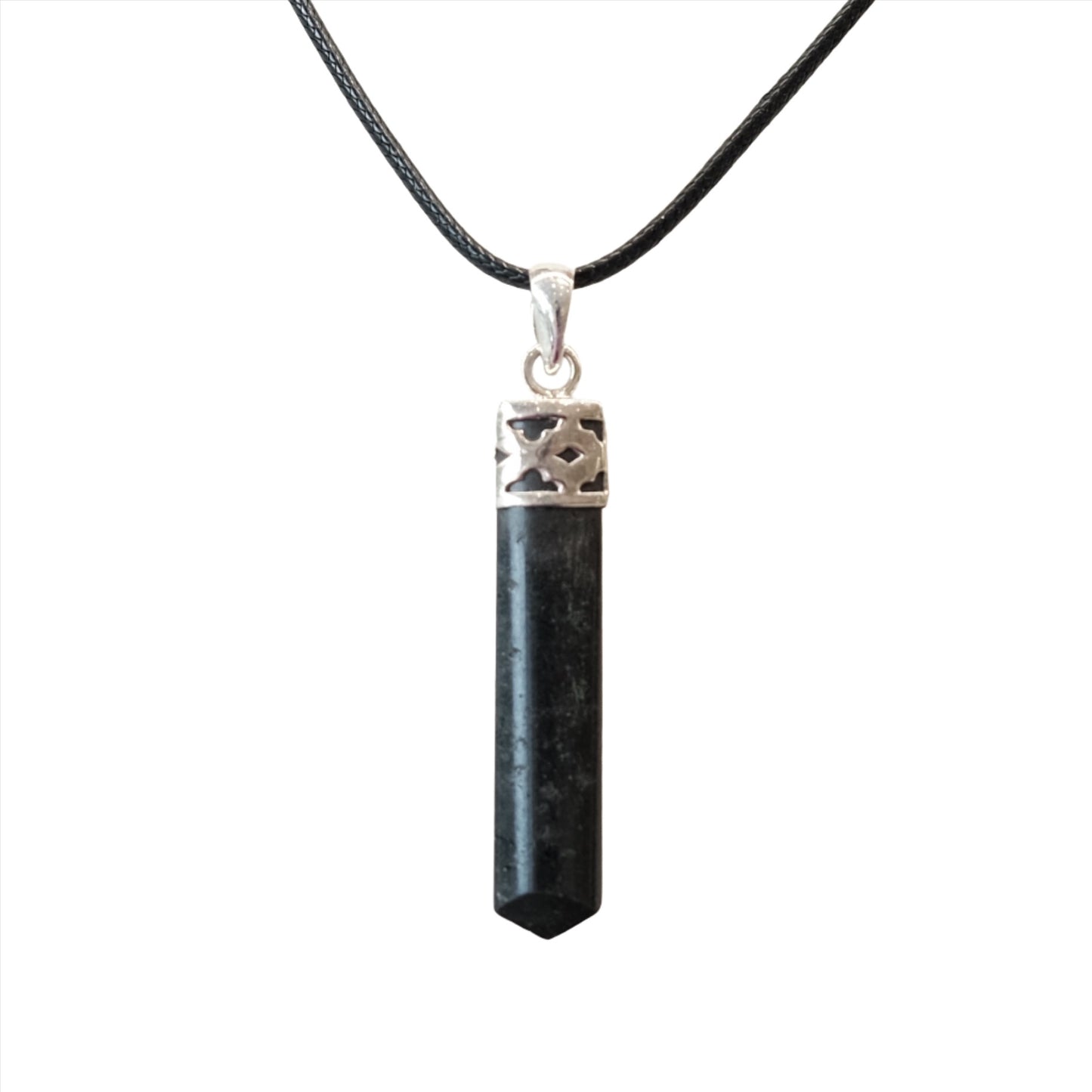 Black Tourmaline Pencil Pendant Sterling Silver Necklace