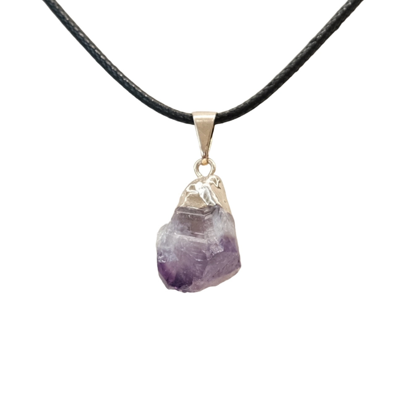 Amethyst Point Pendant Necklace on black cord, known for healing crystals benefits like stress relief and immune support.