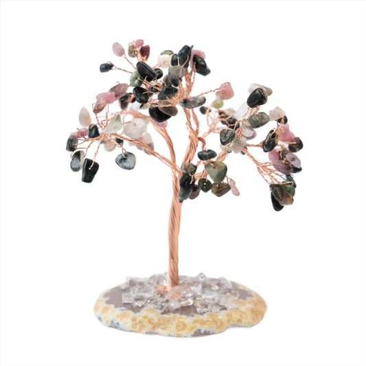 Handcrafted Watermelon Tourmaline Tree of Life on Agate Base with 108 Semi-Precious Gemstones, Unique Home Decor Gemstone Art