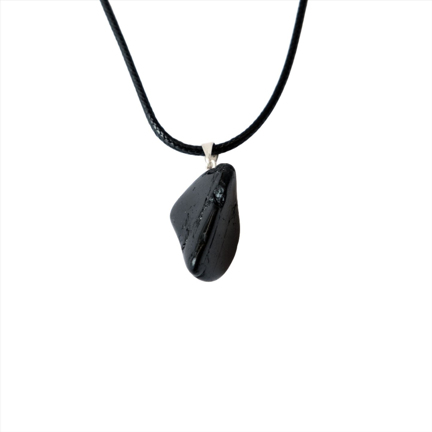 Black Tourmaline tumbled stone pendant necklace for energy protection and grounding on a black cord.