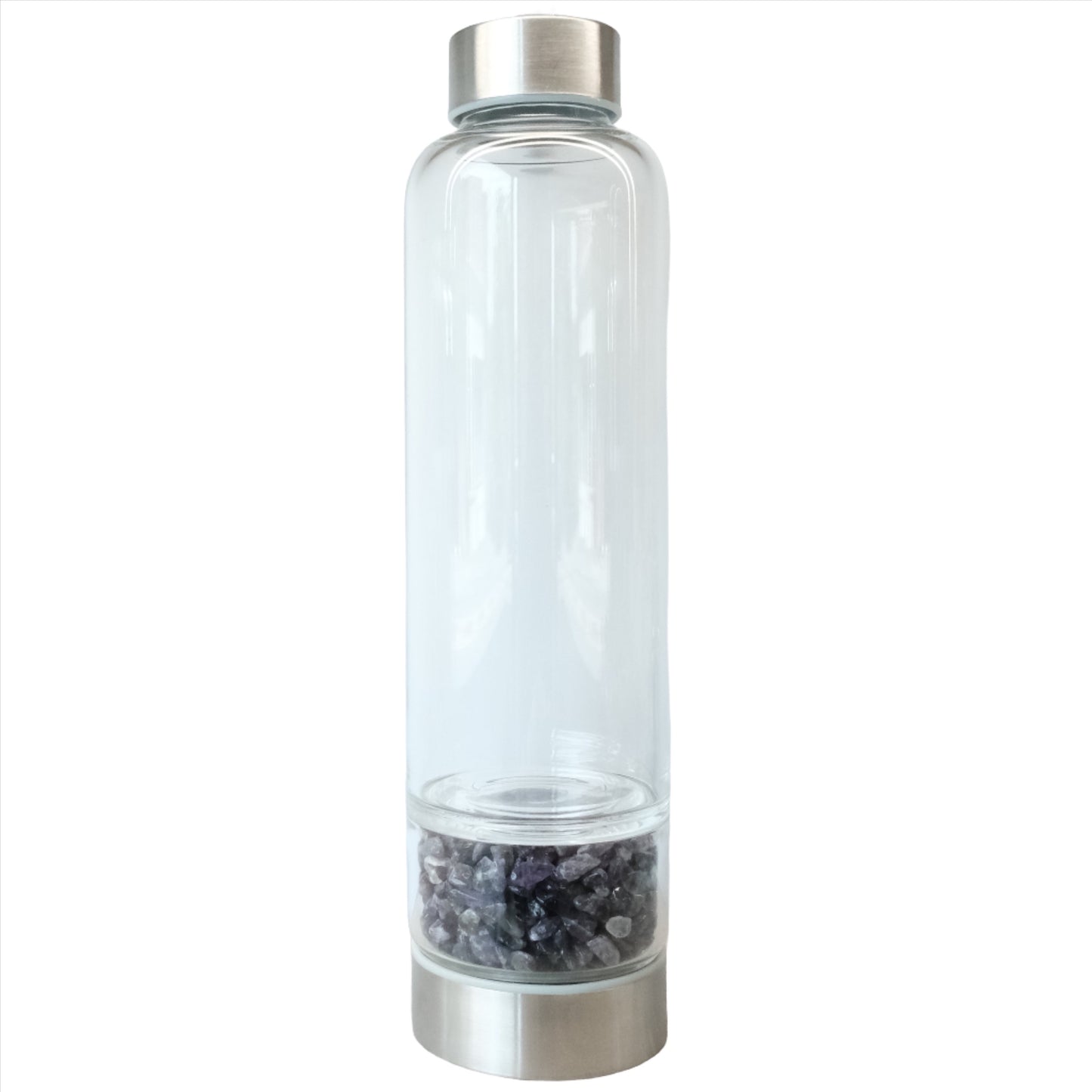 Crystal water bottle with chevron amethyst base, ideal for daily use and easy maintenance.
