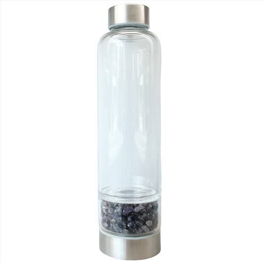 Crystal water bottle with chevron amethyst base, ideal for daily use and easy maintenance.
