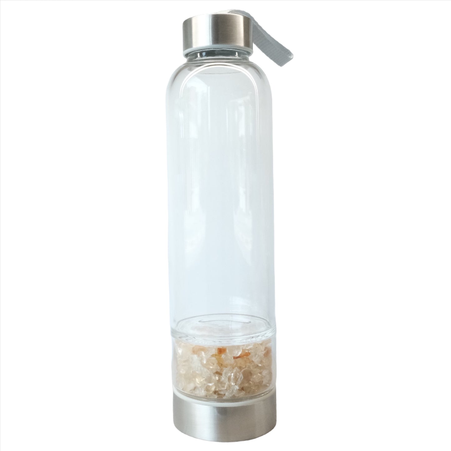 Gemstone water bottle featuring citrine crystals in a removable base for easy cleaning and stylish hydration.
