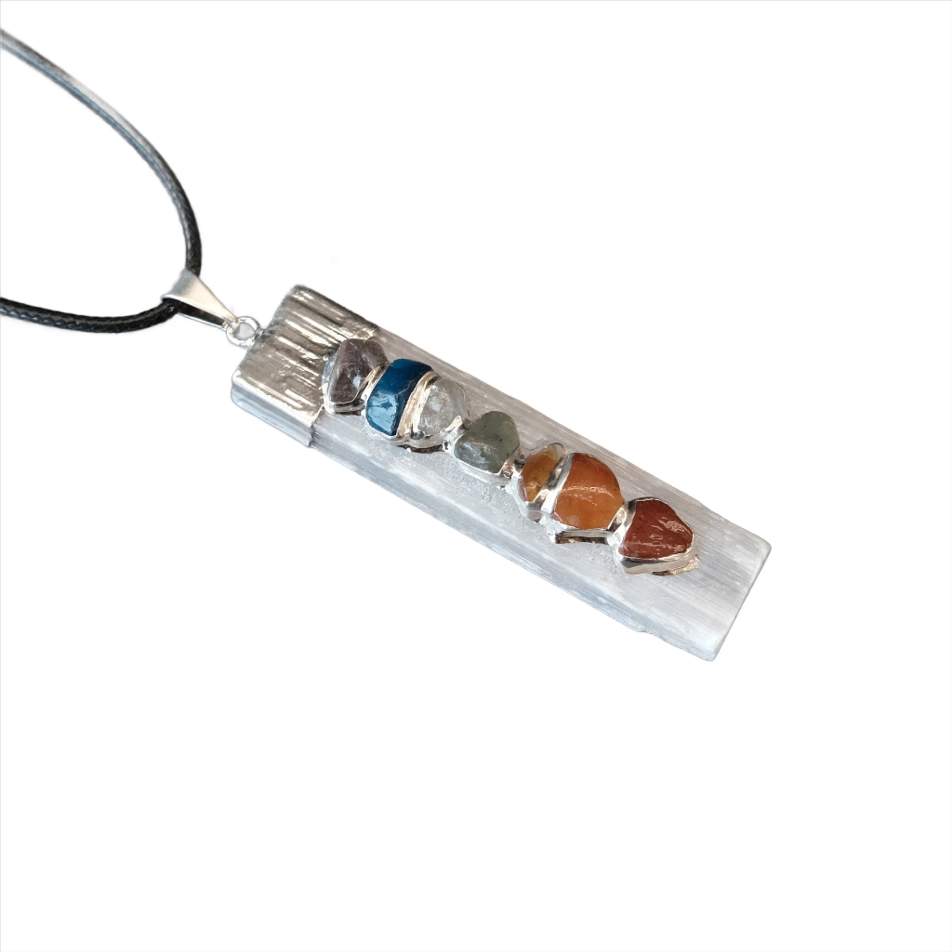 Selenite Pendant with Seven Energy Centers Necklace