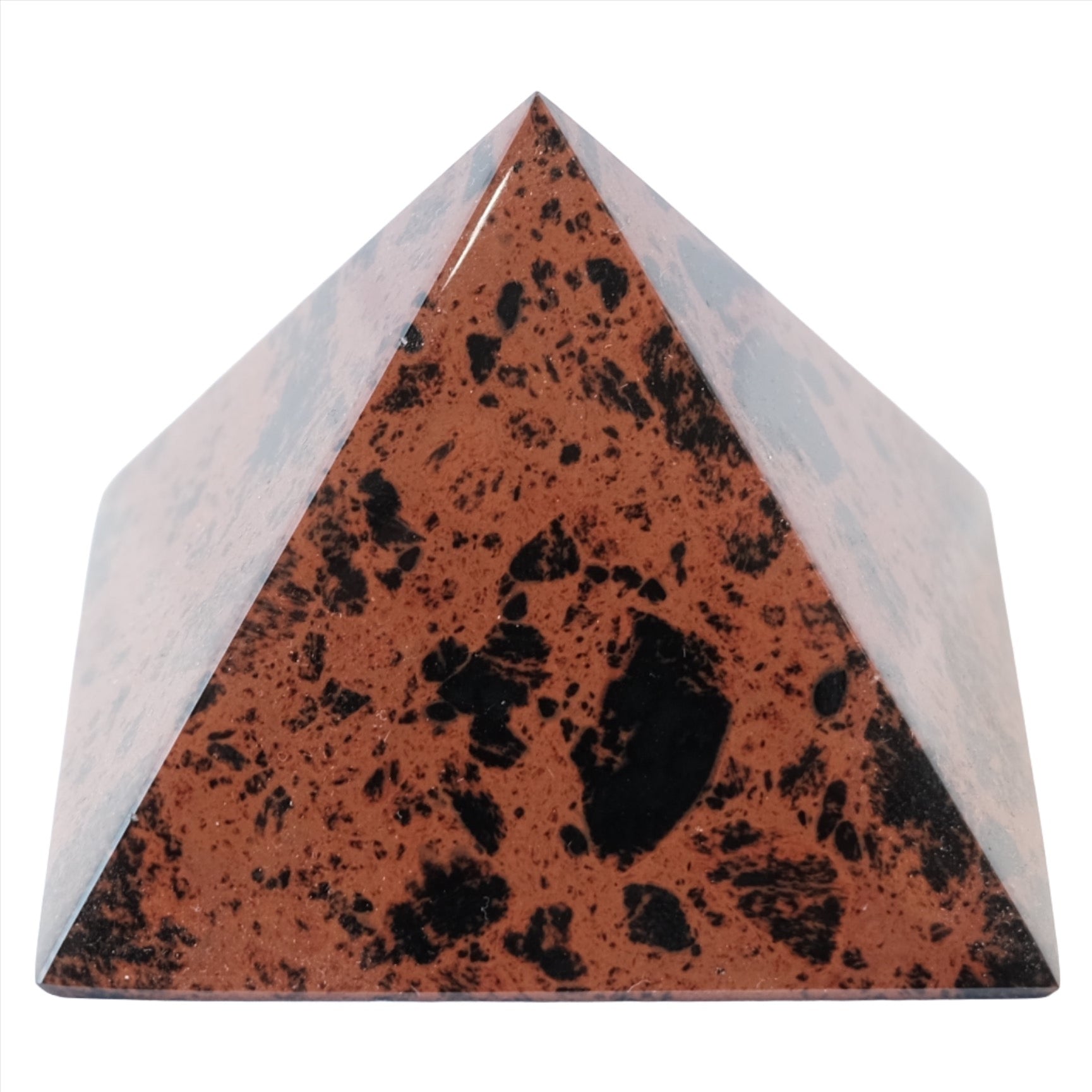 Mahogany obsidian pyramid showcasing natural patterns, promoting calming energy and emotional healing for well-being.