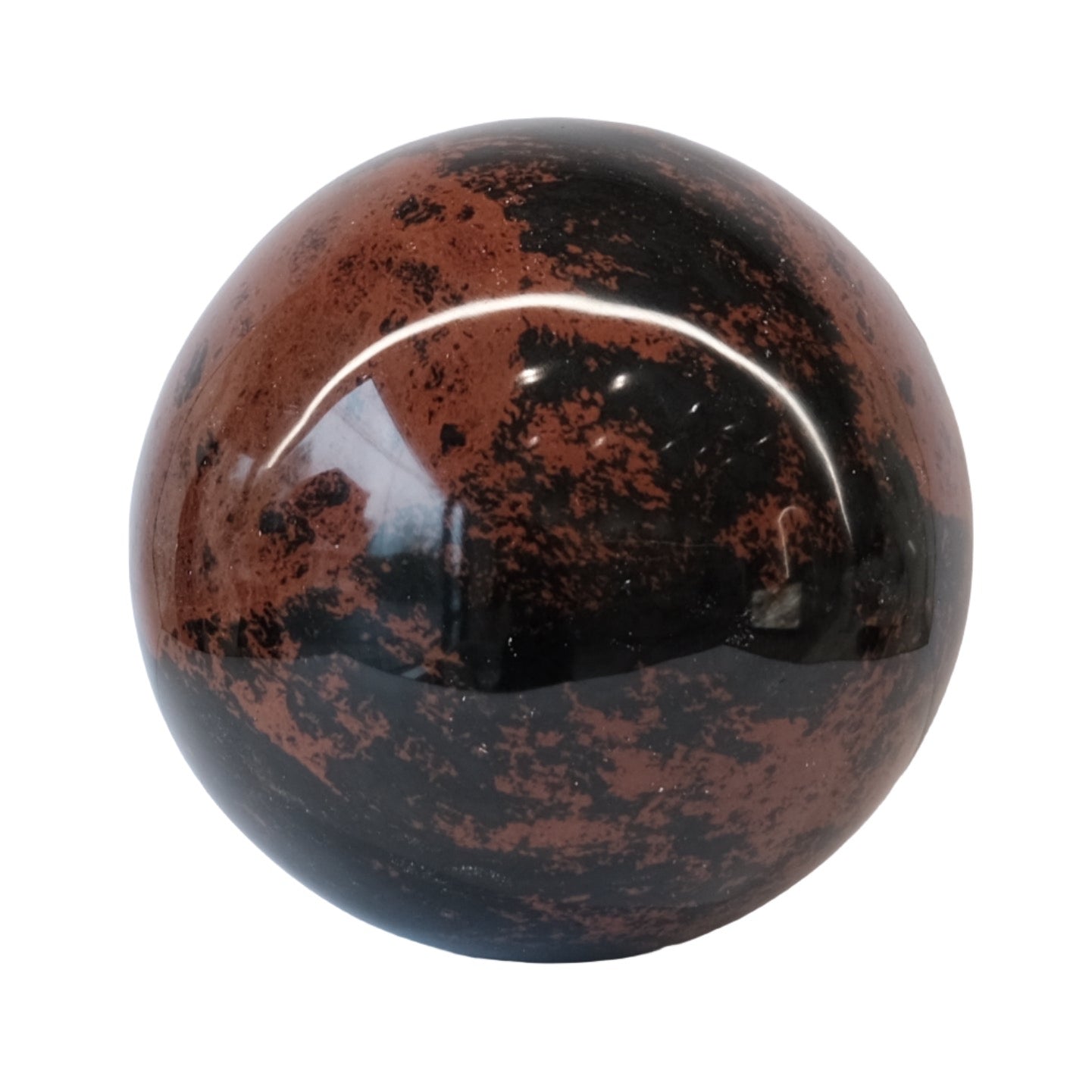 Mahogany obsidian sphere showcasing natural reddish-brown hues, promoting calm and emotional healing.