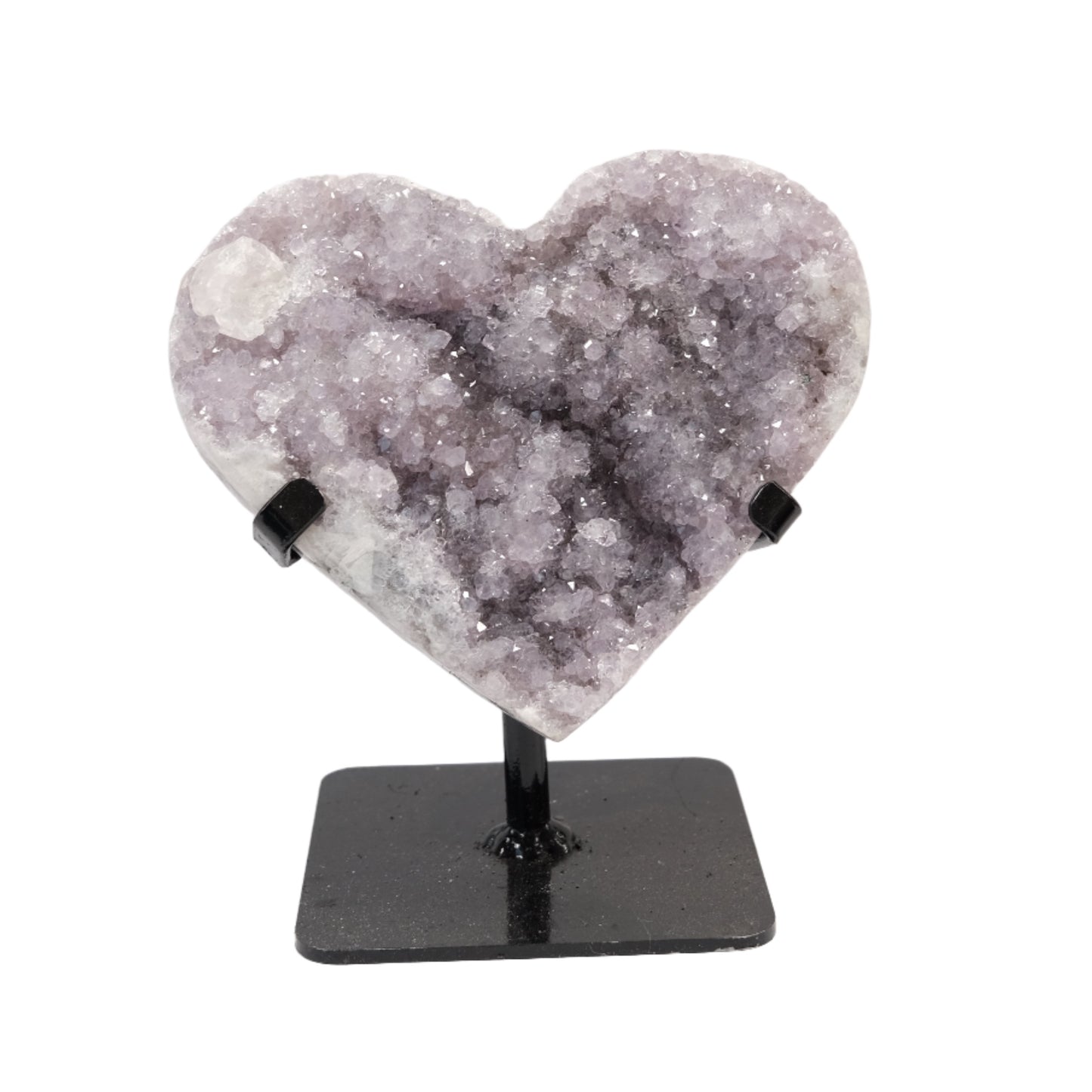 Amethyst heart crystal on stand, healing crystal for stress relief, mood stability, and enhanced spirituality.