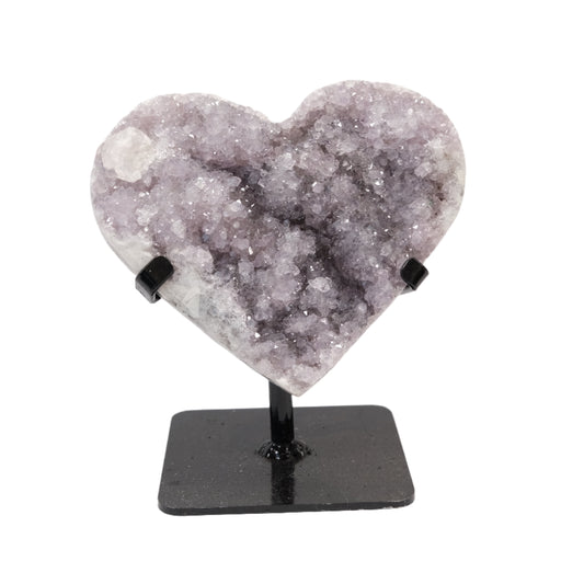 Amethyst heart crystal on stand, healing crystal for stress relief, mood stability, and enhanced spirituality.