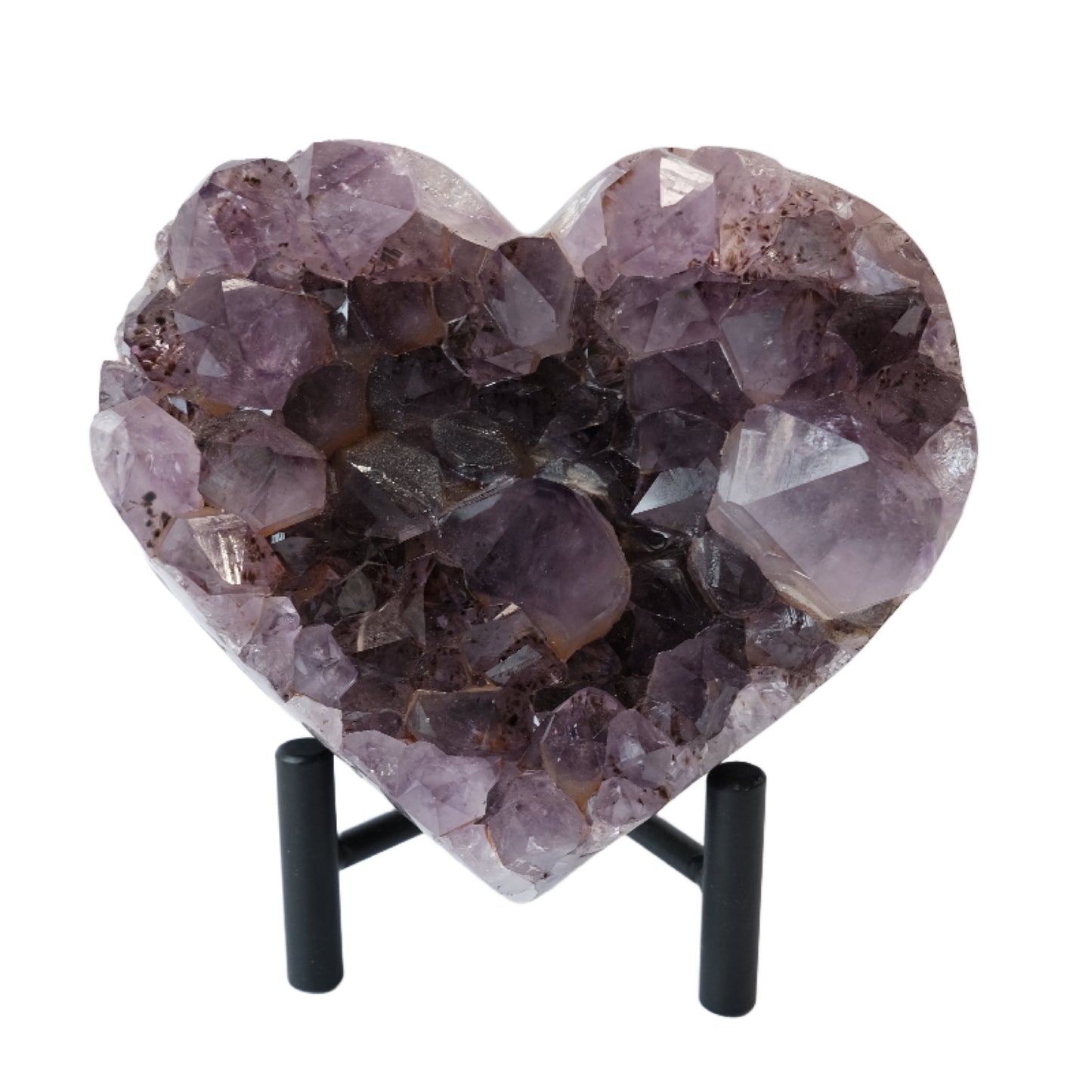Amethyst Heart Crystal 1085g on stand, natural tranquilizer for stress relief, mood stabilization, and enhanced spirituality.