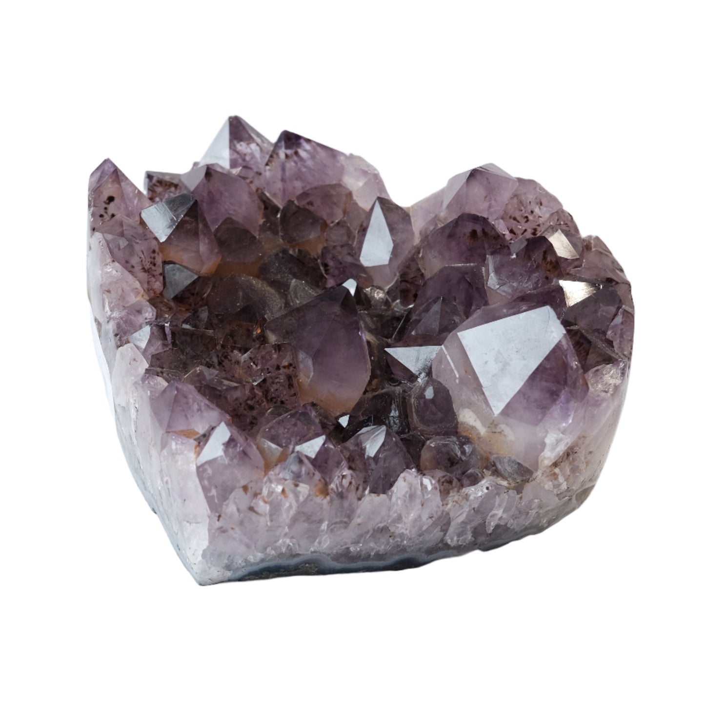 Amethyst heart crystal weighing 1085g, promotes tranquility, stress relief, enhanced clarity, and spiritual growth.