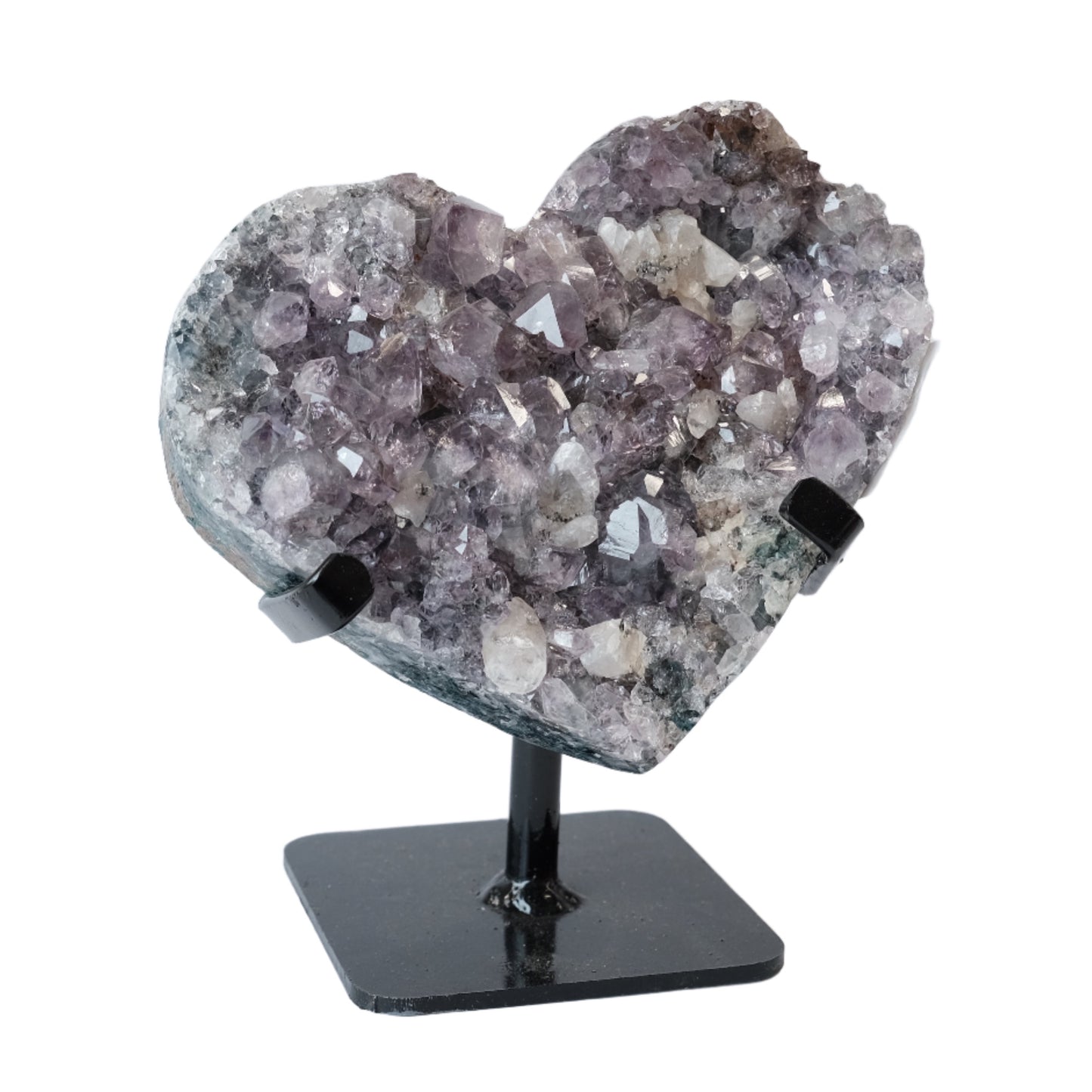 Amethyst heart crystal on stand, offering healing properties for stress relief, mood stabilization, and spiritual enhancement.