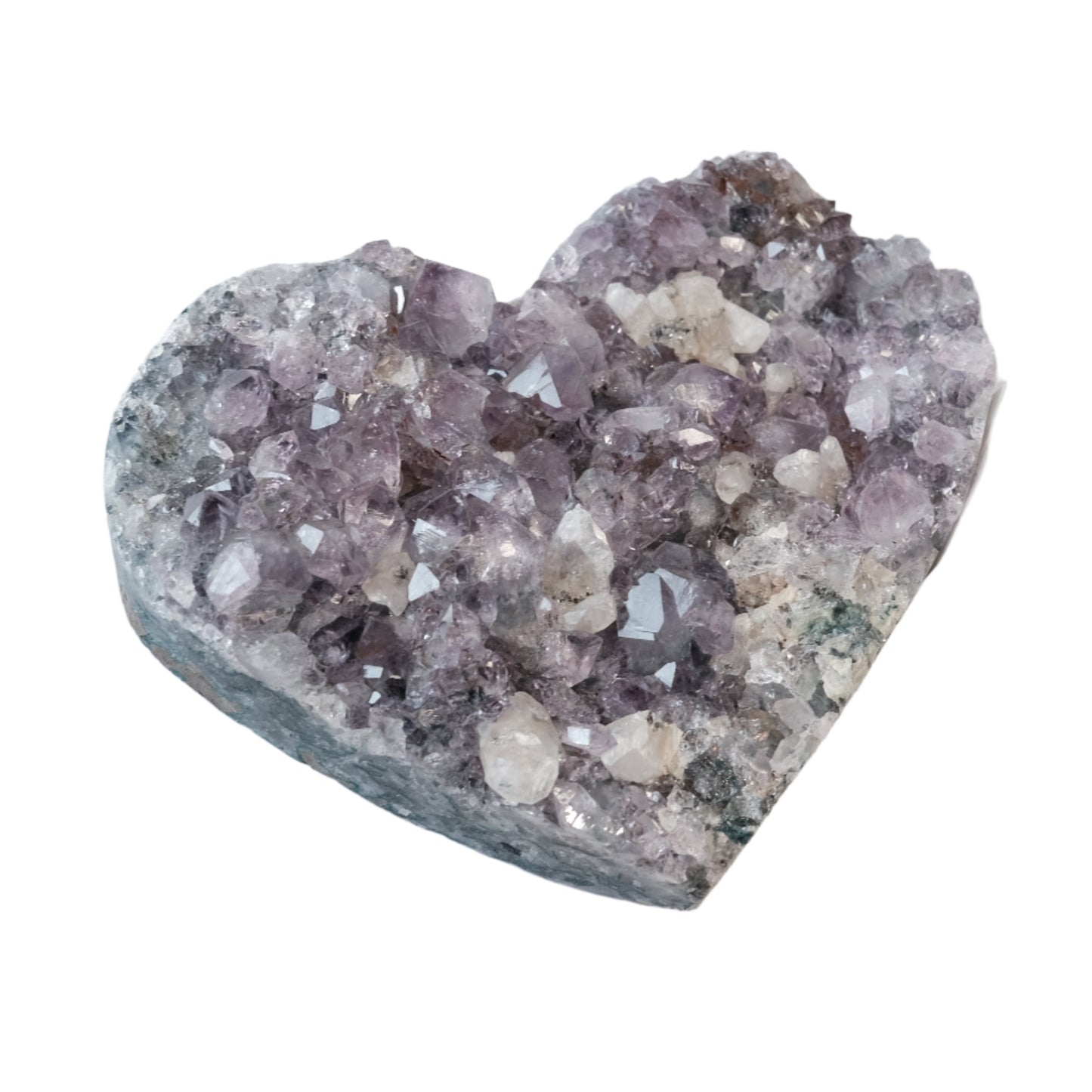 Amethyst heart crystal on stand, a healing crystal for stress relief and mood balance, promoting spirituality and boosting the immune system.