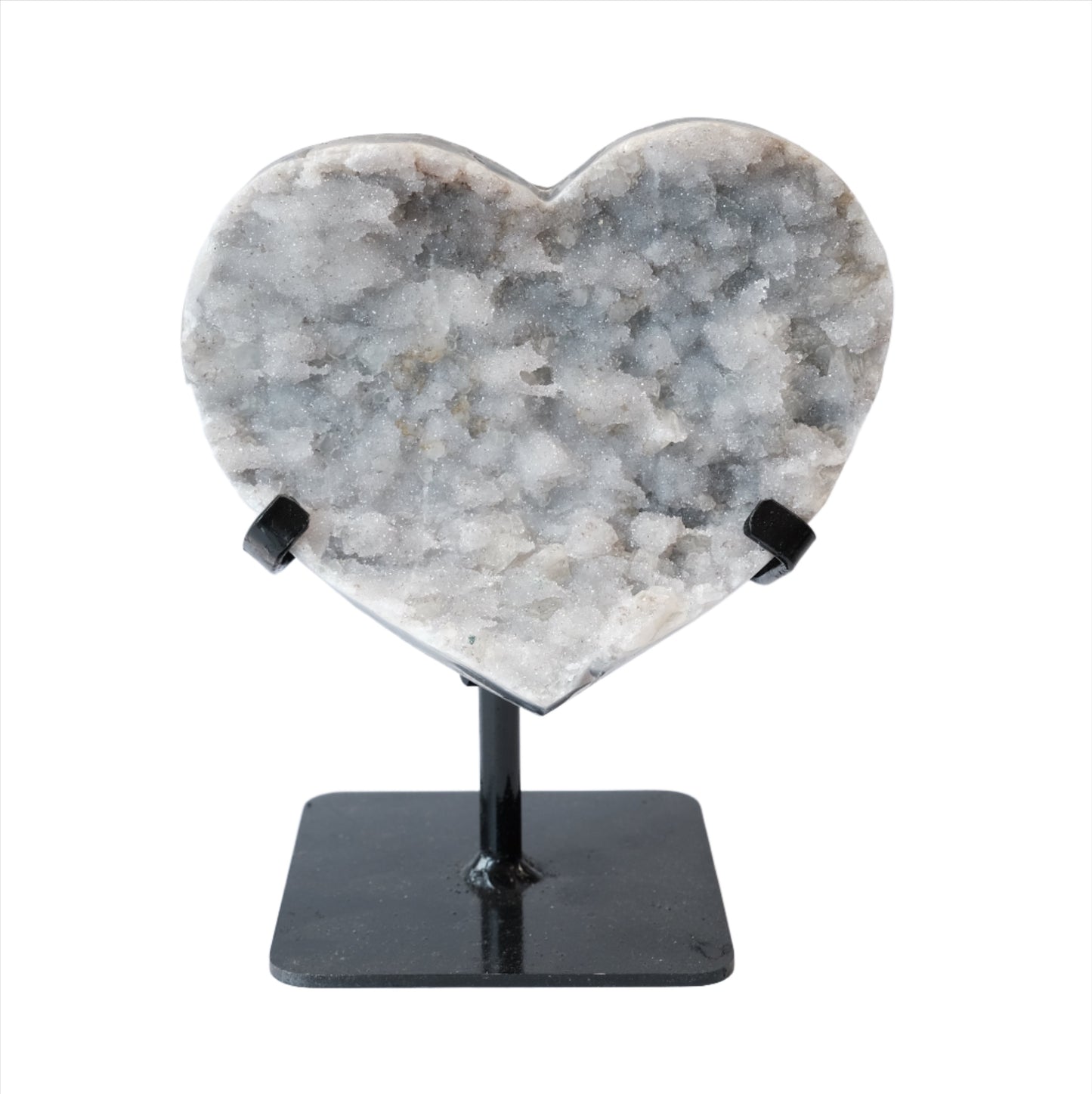 Amethyst heart healing crystal on stand, aids stress relief, mood balance, and boosts immunity. Ideal for spirituality and wellness.