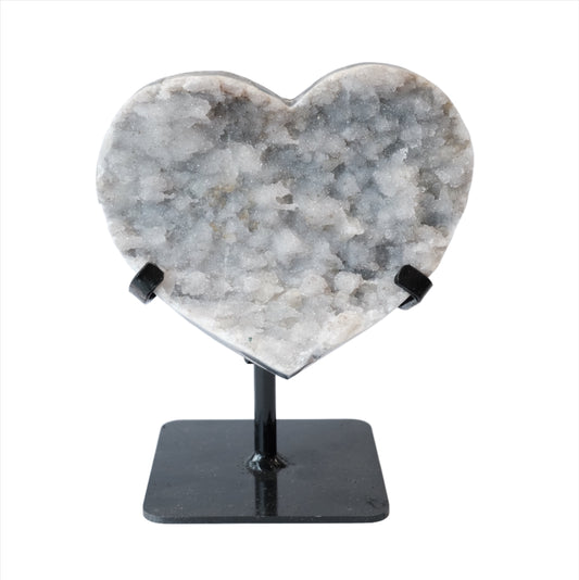 Amethyst heart healing crystal on stand, aids stress relief, mood balance, and boosts immunity. Ideal for spirituality and wellness.